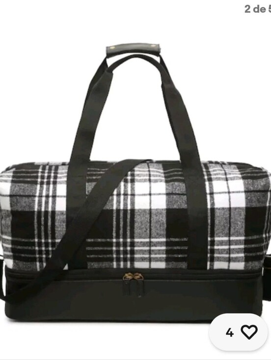 Handbags - Black and White Plaid Weekender Duffel Bag with Bottom Shoe New